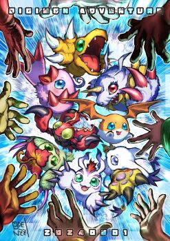 Rule 34 | agumon, animal hands, artist logo, artist name, bird, blue eyes, blue fur, body fur, bug, cat, coat, colored skin, copyright name, dated, digimon, digimon (creature), digimon adventure, digimon day, feathers, fur coat, gabumon, gloves, gomamon, green eyes, hand focus, head wings, highres, ishida yamato, izumi koshiro, kido jo, logo, oden (odenzzi), open mouth, orange skin, palmon, patamon, paw gloves, pink feathers, piyomon, red eyes, reptile, sharp teeth, tachikawa mimi, tailmon, takaishi takeru, takenouchi sora, teeth, tentomon, white fur, wings, yagami hikari, yagami taichi