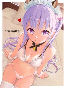 1girl animal_ears arms_at_sides bare_arms bare_shoulders bell bra breasts cat_ears chuutaro_metal cleavage closed_mouth commentary_request hair_ribbon heart looking_at_viewer maid maid_headdress medium_breasts navel neck_bell new_game! on_bed panties pillow purple_eyes purple_hair ribbon side-tie_panties side_ponytail sitting smile solo stomach suzukaze_aoba thighhighs underwear white_bra white_panties white_thighhighs wrist_cuffs