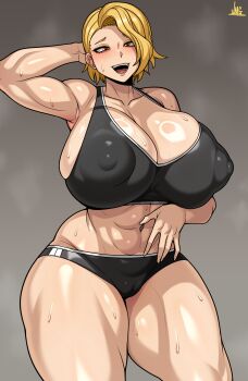 1girl abs absurdres blonde_hair breasts cameltoe cleavage covered_erect_nipples curtained_hair highres huge_breasts jmg large_breasts looking_at_viewer muscular muscular_female navel open_mouth panties sazanami_kuina short_hair smile solo sports_bra standing sweat sweatdrop thighs tougen_anki underwear yellow_eyes