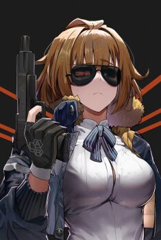 Rule 34 | 1girl, :<, black background, black gloves, blue jacket, finger on trigger, fur-trimmed jacket, fur trim, girls' frontline, gloves, grizzly mkv (girls' frontline), gun, hanabusaraleigh, handgun, holding, holding gun, holding weapon, jacket, lar grizzly win mag, parody, partially fingerless gloves, raised eyebrow, short hair, simple background, solo, sunglasses, terminator (series), the terminator, upper body, weapon