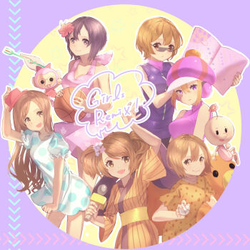 6+girls ball book brown_eyes brown_hair circle commentary dress english_text flower_ornament fork glasses hand_up hat highres holding holding_ball holding_book holding_microphone imomushi_(pixiv_13874680) japanese_clothes kimono long_hair microphone minna_no_rhythm_tengoku mob_face monkey_(rhythm_tengoku) multiple_girls nova_(rhythm_tengoku) official_alternate_costume ogawa_mana pink_eyes pitcher_(rhythm_tengoku) real_life_insert reporter_(rhythm_tengoku) rhythm_tengoku senpai_(rhythm_tengoku) short_hair short_sleeves sleeveless so'ra star_(symbol) sundress sunglasses tosho_girls yellow_background