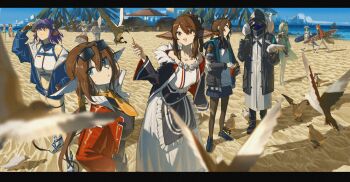 1other 6+girls aciddrop_(arknights) amiya_(arknights) animal animal_ears animal_on_shoulder arknights beach bird bird_ears bird_on_shoulder black_coat black_jacket blue_jacket blurry blurry_foreground breasts brown_hair building caper_(arknights) caper_(summer_flowers)_(arknights) chinese_commentary coat commentary_request cropped_jacket dress eyewear_on_head eyjafjalla_(arknights) eyjafjalla_(summer_flower)_(arknights) fox_ears full_body fur-trimmed_jacket fur_trim gavial_(arknights) gavial_the_invincible_(arknights) gavial_the_invincible_(holiday)_(arknights) goldenglow_(arknights) goldenglow_(summer_flowers)_(arknights) gummy_(arknights) gummy_(summer_flowers)_(arknights) highres holding holding_surfboard hood hood_up hooded_coat horns jacket kal&#039;tsit_(arknights) lanzi_(415460661) long_hair medium_breasts multiple_girls necktie ocean orange_necktie perfumer_(arknights) ponytail projekt_red_(arknights) projekt_red_(light_breeze)_(arknights) purple_hair rabbit_ears red_jacket sand shirt sideroca_(arknights) sunglasses surfboard umbrella upper_body white_dress white_shirt