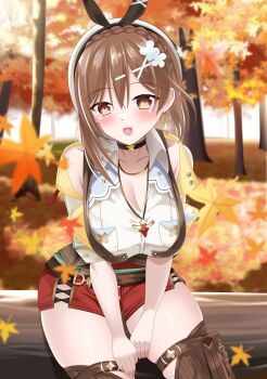 1girl absurdres atelier_(series) atelier_ryza atelier_ryza_3 autumn_leaves beret braid breasts bridal_legwear brown_eyes brown_gloves brown_hair brown_vest choker cleavage clover_hair_ornament commentary_request crown_braid earrings floating_earrings gloves hair_ornament hat highres jewelry kouyou_minami large_breasts leaf leather leather_belt leather_gloves maple_leaf multiple_necklaces necklace open_mouth red_shorts reisalin_stout short_hair short_shorts shorts single_glove smile solo star_(symbol) star_choker star_earrings star_necklace thighs vest white_hat x_hair_ornament