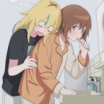 2girls black_shirt blonde_hair brown_eyes brown_hair brushing_teeth closed_eyes commentary_request dan_yui green_hair grey_background highres kouzuki_mahiru long_hair long_sleeves multicolored_hair multiple_girls open_mouth pajamas roots_(hair) shirt short_sleeves simple_background sink sleepy streaked_hair yamanouchi_kano yoru_no_kurage_wa_oyogenai yuri
