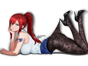 1girl arm_tattoo ass breasts brown_eyes closed_mouth clothes_lift commentary elbow_rest english_commentary erza_scarlet fairy_tail from_side high_heels high_ponytail highres lace_pantyhose_hooked_on_heel_(meme) large_breasts long_hair looking_at_viewer lying meme on_stomach pantyhose ponytail red_hair shirt simple_background skirt skirt_lift sleeveless sleeveless_shirt smile solo tattoo white_background white_shirt zefresh_arts