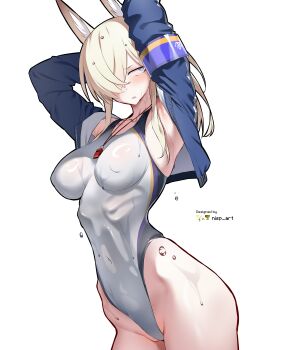 1girl absurdres animal_ear_fluff animal_ears armband armpit_peek arms_up artist_name bare_legs blonde_hair blue_archive blue_armband blue_eyes blue_jacket blush breasts commentary competition_swimsuit covered_erect_nipples covered_navel cropped_jacket english_commentary hair_over_one_eye highleg highleg_one-piece_swimsuit highres hip_bones jacket kanna_(blue_archive) kanna_(swimsuit)_(blue_archive) large_breasts nisp_art no_halo one-piece_swimsuit one_eye_covered open_clothes open_jacket partially_visible_vulva simple_background skin_tight solo swimsuit two-tone_swimsuit whistle whistle_around_neck white_background