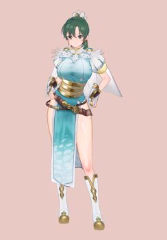 1girl 3d bad_id bad_pixiv_id belt boots breasts commentary_request earrings feather_trim female_focus fingerless_gloves fire_emblem fire_emblem:_the_blazing_blade fire_emblem_heroes full_body gloves gradient_background green_eyes green_hair hair_ornament hand_on_own_hip highres jewelry knee_boots looking_at_viewer lyn_(fire_emblem) lyn_(resplendent)_(fire_emblem) medium_breasts nintendo pelvic_curtain pink_background ponytail puffy_sleeves shiny_skin simple_background solo standing thighs uck-eck-uck