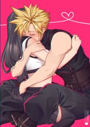 Rule 34 | 1boy, 1girl, absurdres, artist name, baggy pants, bare shoulders, black hair, black skirt, black thighhighs, blonde hair, blush, closed eyes, cloud strife, commentary, couple, crop top, feet out of frame, final fantasy, final fantasy vii, final fantasy vii rebirth, final fantasy vii remake, heart, highres, hug, long hair, low-tied long hair, midriff, pants, pink background, reishichi, ribbed sweater, short hair, sitting, skirt, sleeveless, sleeveless turtleneck, spiked hair, suspenders, sweater, symbol-only commentary, tank top, thighhighs, tifa lockhart, turtleneck, turtleneck sweater, wariza, white tank top