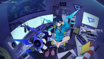 1girl butterfly_sitting computer fami_(yellow_skies) headphones highres hood hood_down hoodie indoors monitor sitting smile speaker v