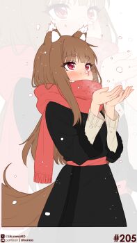 1girl absurdres animal_ears black_coat blush brown_hair coat commentary english_commentary highres holo likunea long_hair looking_up patreon_logo patreon_username red_eyes red_scarf scarf simple_background snow snowing solo spice_and_wolf tail twitter_username twitter_x_logo white_background wolf_ears wolf_girl wolf_tail zoom_layer