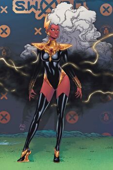 Rule 34 | 1girl, absurdres, armor, artist collaboration, big hair, black boots, black leotard, boots, bracelet, breasts, cheekbones, comic cover, copyright logo, copyright name, curly hair, dark-skinned female, dark skin, earrings, floating hair, full body, gold armor, gold trim, hellfire gala, highres, jewelry, leotard, lightning, lightning bolt earrings, lightning bolt symbol, logo, long hair, looking to the side, marvel, matt wilson, medium breasts, no pupils, official alternate costume, official art, pauldrons, russell dauterman, shoulder armor, storm (x-men), thigh boots, very long hair, western comics (style), white hair, x-men