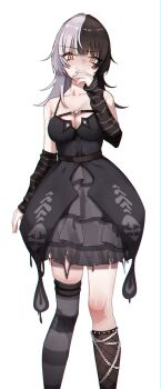 1girl arm_strap arm_warmers asymmetrical_legwear black_choker black_dress black_hair black_socks black_thighhighs breast_strap breasts choker cleavage closed_mouth cowboy_shot dress fishnet_socks fishnets grey_hair hand_up highres hololive hololive_english kneehighs large_breasts layered_dress long_hair looking_at_viewer mismatched_legwear multicolored_hair shiori_novella shiori_novella_(1st_costume) simple_background single_kneehigh single_sock single_thighhigh skaarl_(artist) sleeveless sleeveless_dress smile socks solo split-color_hair striped_clothes striped_thighhighs thighhighs uneven_legwear virtual_youtuber white_background yellow_eyes