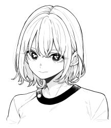 Rule 34 | 1girl, animification, commentary request, cropped shoulders, earrings, eyelashes, eyes visible through hair, greyscale, highres, jewelry, light smile, looking at viewer, medium hair, monochrome, nozawa yukiko, original, shirt, sidelocks, solo, stud earrings, upper body, white background