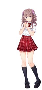 1girl artist_request black_shoes black_socks blue_eyes bow bowtie brown_hair cinderella_series closed_mouth flower_hairclip hachigatsu_no_cinderella_nine hair_ribbon highres imada_anju kneehighs long_hair looking_at_viewer multicolored_eyes official_art pink_ribbon plaid_bow plaid_bowtie plaid_clothes plaid_skirt purple_eyes red_bow red_bowtie red_skirt ribbon school_uniform shirt shoes skirt socks solo transparent_background two_side_up white_shirt