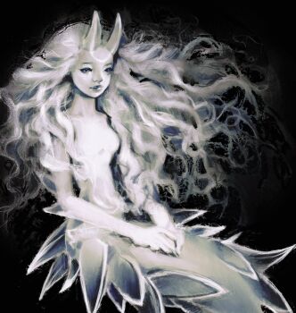 1girl arm_spikes black_background black_eyes colored_skin commentary english_commentary floating_hair hands_on_lap highres horns long_hair mermaid monochrome monster_girl original simple_background smile solo spikes twulfs wavy_hair white_skin