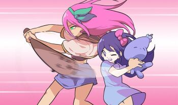 2girls angry aqua_bow aqua_eyes aubrey_(faraway)_(omori) aubrey_(headspace)_(omori) aubrey_(omori) blue_dress bow denim denim_skirt dress eggplant gomipomi holding holding_stuffed_toy miniskirt multiple_girls omori one_eye_closed pink_background pink_hair purple_dress purple_eyes skirt stuffed_animal stuffed_toy swinging_baseball_bat