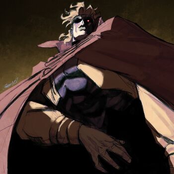 Rule 34 | 1boy, blonde hair, cape, commentary, cropped jacket, dio brando, earrings, english commentary, from below, gloves, glowing, glowing eyes, green lips, groovy (docilebread), headband, highres, jacket, jewelry, jojo no kimyou na bouken, looking at viewer, looking down, male focus, muscular, muscular male, red cape, red eyes, shaded face, signature, solo, stardust crusaders, vampire, yellow jacket