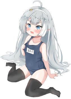 Rule 34 | absurdres, ahoge, black thighhighs, blue eyes, blue one-piece swimsuit, blush, commentary request, covered navel, female tyrant (stella sora), grey hair, hairband, highres, long hair, name tag, no shoes, old school swimsuit, one-piece swimsuit, open mouth, pointy ears, pulling own clothes, school swimsuit, shinonome meguri, sitting, stella sora, swimsuit, thighhighs, thighs, tyrant (stella sora), very long hair, wariza, white hairband