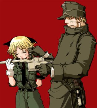 2boys animal_ears artist_request blonde_hair captain_(hellsing) cat_boy cat_ears clip_(weapon) gloves gun handgun hellsing licking male_focus mauser_c96 multiple_boys nazi necktie pistol schroedinger_(hellsing) sexually_suggestive stripper_clip tongue weapon yaoi