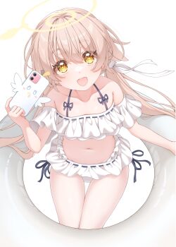 1girl :d absurdres bare_shoulders bikini black_bow blue_archive bow brown_eyes brown_hair cellphone collarbone commentary_request feet_out_of_frame frills hair_between_eyes hair_ornament halo halterneck hand_up happy hifumi_(blue_archive) hifumi_(swimsuit)_(blue_archive) highres holding holding_phone long_hair looking_at_viewer low_twintails navel off-shoulder_bikini off_shoulder official_alternate_costume open_mouth phone ribbon-trimmed_bikini ribbon_trim ruffle_bikini sanpaku side-tie_bikini_bottom simple_background sitting smartphone smile solo swim_ring swimsuit tareme teeth thick_eyebrows thigh_gap tsugaru_(enoken) twintails upper_teeth_only upturned_eyes white_background white_bikini wing_hair_ornament yellow_halo