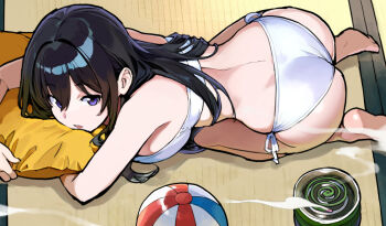 1girl all_fours asakura_maru ass back ball barefoot beachball bikini black_hair breasts commentary_request from_side hugging_object incense_burner indoors large_breasts long_hair looking_at_viewer looking_to_the_side open_mouth original pillow pillow_hug purple_eyes ribbon side-tie_bikini_bottom sideboob smoke solo swimsuit tatami white_bikini white_ribbon