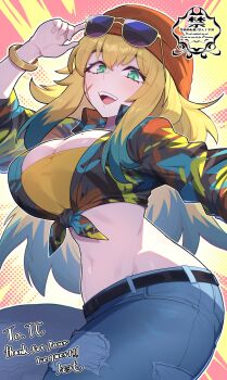 1girl beanie bilingual_commentary blonde_hair blue_pants blue_shirt breasts choppy_bangs collared_shirt commentary commission cowboy_shot english_commentary eyewear_on_head facial_scar green_eyes hair_between_eyes hand_up hat highres large_breasts long_hair looking_at_viewer matsumoto_tomoyohi mixed-language_commentary mole mole_on_breast multicolored_hair multicolored_shirt open_mouth orange_hat original pants scar scar_on_cheek scar_on_face shirt skeb_commission smile solo stomach sunglasses tied_shirt two-tone_hair