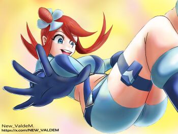 1girl ass blue_eyes breasts crop_top gloves large_breasts long_hair long_sleeves new_valdem nintendo pokemon pokemon_bw red_hair shorts skyla_(pokemon) teeth thigh_strap upper_teeth_only