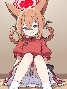 1girl animal_ears blue_archive braid braided_hair_rings brown_hair chinese_clothes dress fox_ears fox_girl grin hair_rings halo highres indoors looking_at_viewer panties red_dress red_halo rumi_(blue_archive) shishiejo_(sisieho1) sitting smile solo underwear white_panties