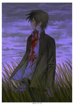 1boy black_eyes black_hair bleeding blood blood_on_clothes chshuu01 cowboy_shot cuts dated dusk field gakuran highres injury looking_to_the_side male_focus outdoors purple_sky randal's_friends razor_blade school_uniform self-harm short_hair sky solo tsukada_satoru