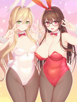 Rule 34 | 2girls, animal ears, artist name, bare shoulders, black-framed eyewear, black pantyhose, bow, bowtie, breasts, cleavage, closed mouth, commentary request, detached collar, double v, fake animal ears, glasses, gradient background, green eyes, hands up, highres, kashiwamochi yomogi, large breasts, leotard, long hair, medium breasts, multiple girls, ok sign, open mouth, original, pantyhose, playboy bunny, rabbit ears, rabbit tail, red bow, red bowtie, red eyes, red leotard, smile, standing, strapless, strapless leotard, tail, v, very long hair, w, white leotard