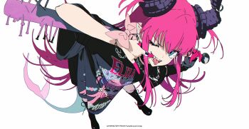 1girl absurdres baseball_bat blue_eyes dragon_girl dragon_horns dragon_tail elizabeth_bathory_(fate) elizabeth_bathory_(perfect)_(fate) elizabeth_bathory_(perfect)_(first_ascension)_(fate) fate/grand_order fate_(series) highres holding holding_baseball_bat horns long_hair nail_(hardware) nail_bat open_mouth pink_hair pink_nails pointy_ears print_shirt shirt spiked_bat tail tongue tongue_out v very_long_fingernails z3zz4