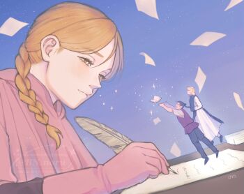 1girl 2boys badeni black_hair black_pants black_shoes black_tabard blonde_hair blue_background bn_noru book braid brown_eyes brown_vest capelet chi.:_chikyuu_no_undou_ni_tsuite commentary_request falling_paper gloves hair_bun hair_over_shoulder highres holding holding_quill jolenta light_smile looking_at_another medium_hair multiple_boys oczy open_book open_mouth outstretched_arms pants pink_capelet pink_gloves quill robe shirt shoes single_braid size_difference sleeves_rolled_up smile sparkle tabard tonsure twitter_username updo vest white_robe white_shirt writing