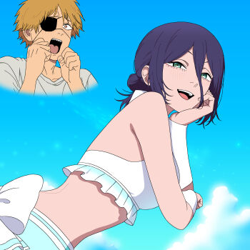 1boy 1girl absurdres blonde_hair blue_sky breasts chainsaw_man crop_top day denji_(chainsaw_man) eyepatch green_eyes hair_between_eyes highres idol_clothes large_breasts light_blush open_mouth purple_hair red_eyes reze_(chainsaw_man) rezelover25 sharp_teeth shirt sky teeth upper_teeth_only white_shirt