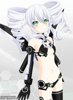1girl bad_deviantart_id bad_id bare_shoulders bikini black_bikini black_gloves black_sister_(next-gen_cradle) black_thighhighs breasts detached_wings drill_hair elbow_gloves gloves green_eyes groin hair_between_eyes highres honeycomb_(pattern) honeycomb_background keenh looking_at_viewer mechanical_wings medium_hair navel neptune_(series) power_symbol power_symbol-shaped_pupils serious small_breasts solo swimsuit symbol-shaped_pupils thighhighs twin_drills white_background white_hair wings