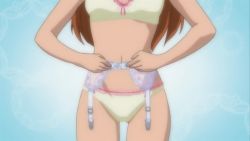 1girl animated anime_screenshot ass bra breasts brown_eyes brown_hair chu-bra!! dressing educational female_focus garter_belt garter_straps glasses hayama_nayu loli model panties small_breasts tagme thighhighs twintails underwear video white_thighhighs