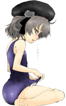 1girl clothes_pull commentary_request flat_chest flower grey_eyes grey_hair hat hatoba_tsugu kuromasa_shisei looking_at_viewer old_school_swimsuit one-piece_swimsuit one-piece_swimsuit_pull profile pussy_juice_stain rose school_swimsuit short_hair sideways_glance sitting smile solo swimsuit tsugu_(vtuber) wariza