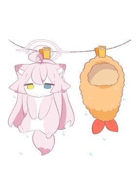 absurdres ahoge animal_with_hair animalization blue_archive blue_eyes commentary_request crossed_bangs double-parted_bangs fried_hoshino_(meme) full_body hair_flaps halo heterochromia highres hoshino_(blue_archive) lattes2 long_hair meme no_humans pink_hair pink_halo solo tempura_costume weasel yellow_eyes yurie_mouth