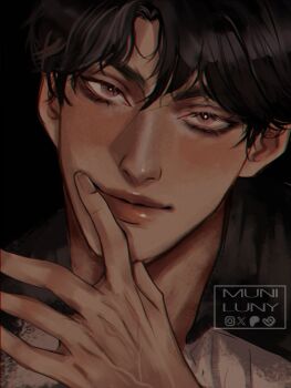 1boy artist_name black_background black_hair brown_eyes close-up closed_mouth commentary eyelashes highres jinu_(kpop_demon_hunters) kpop_demon_hunters looking_at_viewer male_focus muni_luny short_hair simple_background smile solo