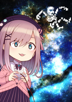 Rule 34 | 1girl, :3, blouse, blue eyes, bow, bowtie, brooch, chibi, collared shirt, controller, diisuke, game controller, hair ornament, hairclip, hat, holding, holding controller, holding game controller, jacket, jewelry, makaimura, meme, nijisanji, pink jacket, shirt, sir arthur (makaimura), skeleton, skirt, smile, solo, space cat (meme), striped clothes, striped skirt, suzuhara lulu, suzuhara lulu (1st costume), sweater jacket, virtual youtuber, white shirt, wide-eyed, wing collar, x hair ornament