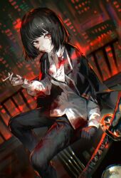 Rule 34 | 1girl, black coat, black gloves, black hair, black pants, blood, blood on clothes, blood on face, bob cut, cigarette, cityscape, coat, coat on shoulders, collared shirt, full body, gloves, highres, limbus company, long sleeves, looking at viewer, osushi tabetarou, pants, project moon, red eyes, ryoshu (project moon), shirt, short hair, single glove, sitting, solo, sword, weapon, white shirt