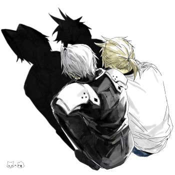 2boys absurdres armor black_jacket black_shirt black_shoes blonde_hair blue_shorts cat cat_shadow_puppet_(meme) chocobo cloud_strife final_fantasy final_fantasy_vii final_fantasy_vii:_ever_crisis final_fantasy_vii_remake from_above grey_hair highres jacket kyuu_vide low_ponytail male_focus meme multiple_boys pauldrons ponytail sephiroth sephiroth_(ever_crisis) shirt shirt_under_shirt shoes shorts shoulder_armor spiked_hair squatting white_background white_shirt