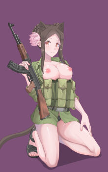 1girl absurdres ak-47 ammunition_pouch animal_ears assault_rifle bare_legs belt belt_buckle black_panties black_sandals breasts breasts_out brown_eyes brown_hair buckle cat_ears cat_girl cat_tail double_bun flower green_jacket gun hair_bun hair_flower hair_ornament hand_on_own_thigh highres holding holding_gun holding_weapon jacket kalashnikov_rifle large_breasts light_blush load_bearing_equipment load_bearing_vest long_hair military_combat_uniform military_uniform muv-luv muv-luv_alternative nguyen_tam_lee nipples no_bra no_pants open_clothes open_jacket panties people's_army_of_vietnam pham_thi_ran pink_flower pouch purple_background rifle sandals schwarzesmarken seiza shiny_skin sidelocks sitting smile tail unbuttoned_jacket underwear weapon