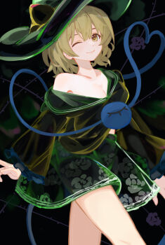 1girl black_background bow breasts cleavage collar collarbone feet_out_of_frame floral_print floral_print_skirt flower glass green_collar green_hair green_hat green_skirt hair_bow hat highres hirachill16 komeiji_koishi long_sleeves medium_hair one_eye_closed print_skirt purple_flower purple_rose rose see-through_clothes see-through_skirt shirt single_off_shoulder skirt smile solo third_eye thorns touhou yellow_bow yellow_eyes yellow_shirt