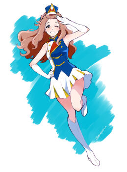 Rule 34 | alternate costume, armpits, band uniform, blush, boots, brown eyes, brown hair, commentary request, elbow gloves, gloves, hat, hibike! euphonium, highres, kenzaki ririka, knee boots, kotomozou, long hair, marching band, mini hat, one eye closed, open mouth, pleated skirt, shirt, skirt, sleeveless, smile, solo, very long hair, white boots, white gloves, white skirt