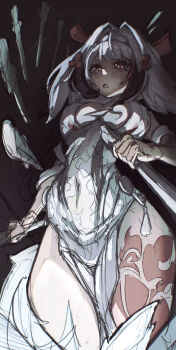 1girl armlet black_background blush breasts china_dress chinese_clothes clover clover_hair_ornament commentary covered_navel cowboy_shot dress droopy_ears english_commentary hair_ornament hairband highres holding holding_sword holding_weapon jewelry leg_tattoo long_hair medium_breasts open_mouth pelvic_curtain psyphony qingming_sword red_eyes silver_armlet sketch solo sword tattoo transformation weapon white_dress white_hair white_hairband ye_shunguang zenless_zone_zero