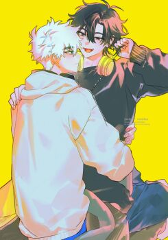 2boys adjusting_hair alternate_costume antenna_hair artist_name black_eyes black_hair black_shirt black_sweater blue_eyes blue_pants blush brown_pants cheng_xiaoshi closed_mouth denim hair_between_eyes hand_on_another&#039;s_shoulder hand_up headphones headphones_around_neck highres holding holding_own_hair hood hood_down hoodie hug jeans jewelry justjust_monika long_sleeves looking_at_another lu_guang male_focus messy_hair multiple_boys necklace open_mouth pants ponytail shiguang_dailiren shirt short_hair short_ponytail simple_background sitting sitting_on_lap sitting_on_person smile sweater tongue twitter_username white_hair white_hoodie yaoi yellow_background