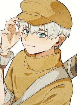 0a_9_(pixiv82791714) 1boy adjusting_clothes adjusting_headwear blue_eyes closed_mouth dr._stone hand_on_headwear hand_up hat looking_at_viewer male_focus quiver saionji_ukyou shirt short_hair short_sleeves smile solo upper_body white_background white_hair wrist_cuffs yellow_shirt