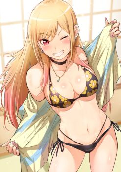 Rule 34 | 1girl, bikini, black bikini, black choker, blonde hair, breasts, choker, commentary request, cowboy shot, ear piercing, earrings, eyelashes, floral print, highres, jewelry, kitagawa marin, medium breasts, multicolored hair, one eye closed, open clothes, open shirt, pariya 0001, parted lips, pendant, piercing, pink hair, print bikini, red eyes, side-tie bikini bottom, smile, solo, sono bisque doll wa koi wo suru, swimsuit, two-tone hair