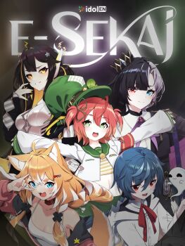 +_+ 5girls :3 ahoge animal_ears aqua_eyes artist_request bare_shoulders black_hair blonde_hair blue_hair blush breasts chromashift closed_mouth coin collar commentary copyright_logo copyright_name crown dog_ears dog_girl electricity english_commentary eyelashes fang fuyo_cloverfield ghost green_eyes green_hat hair_ornament hat heart heart_hair_ornament heterochromia highres hood hood_down juna_unagi juna_unagi_(1st_costume) lightning_ahoge logo long_hair midriff multicolored_hair multiple_girls nail_polish navel neck_ribbon off_shoulder official_art open_mouth orange_hair outstretched_arms pochi_wanmaru pochi_wanmaru_(pochi_1.0) purple_hair red_eyes red_ribbon ribbon rin_penrose safety_pin short_hair short_twintails sleeves_past_wrists smile split-color_hair spread_arms star_(symbol) teeth top_hat twintails two-tone_hair upper_teeth_only virtual_youtuber white_hair yellow_eyes yellow_nails yuko_yurei