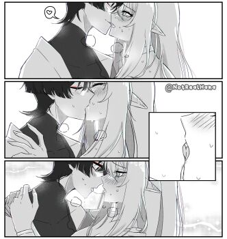 1boy 1girl aged_up alternate_costume blunt_ends blush bodysuit breasts cleavage couple covered_collarbone cross-shaped_pupils ear_blush eye_contact eyelashes eyeliner eyeshadow face-to-face fingernails french_kiss genshin_impact hand_on_another's_shoulder hands_on_another's_shoulders heart hetero highres hug itshanaakari japanese_clothes jewelry kimono kiss long_hair looking_at_another makeup mandarin_collar monochrome nahida_(genshin_impact) neck_ring open_hand open_mouth pointy_ears red_eyeliner red_eyeshadow saliva saliva_trail scaramouche_(genshin_impact) sequential single_off_shoulder spoken_heart steaming_body sweat symbol-shaped_pupils tearing_up tongue tongue_out turtleneck turtleneck_bodysuit twitter_username wanderer_(genshin_impact)